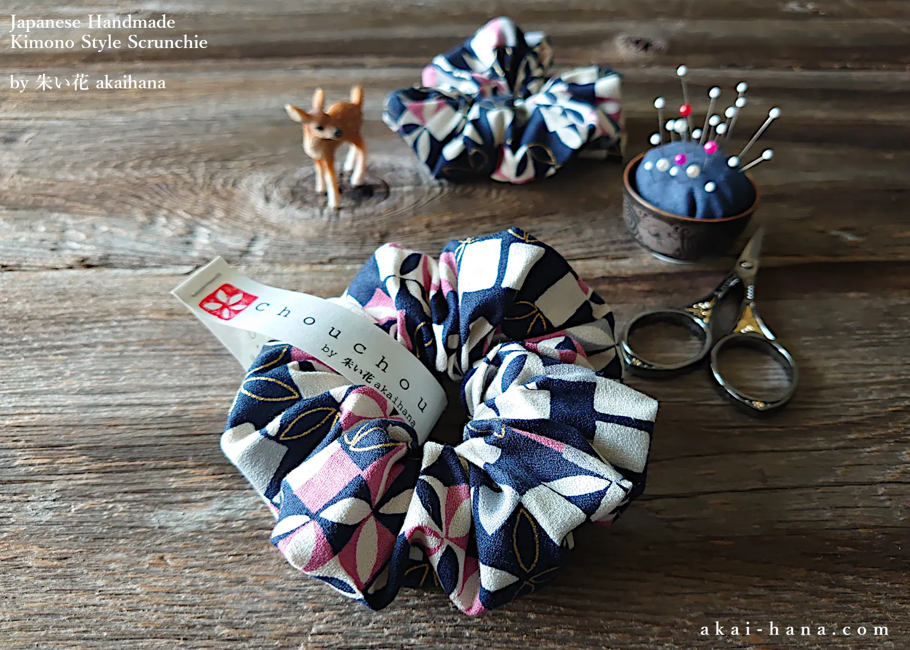 Japanese Handmade Kimono style Scrunchies, Henkei Ichimatsu Monyou Navy, scjf0028