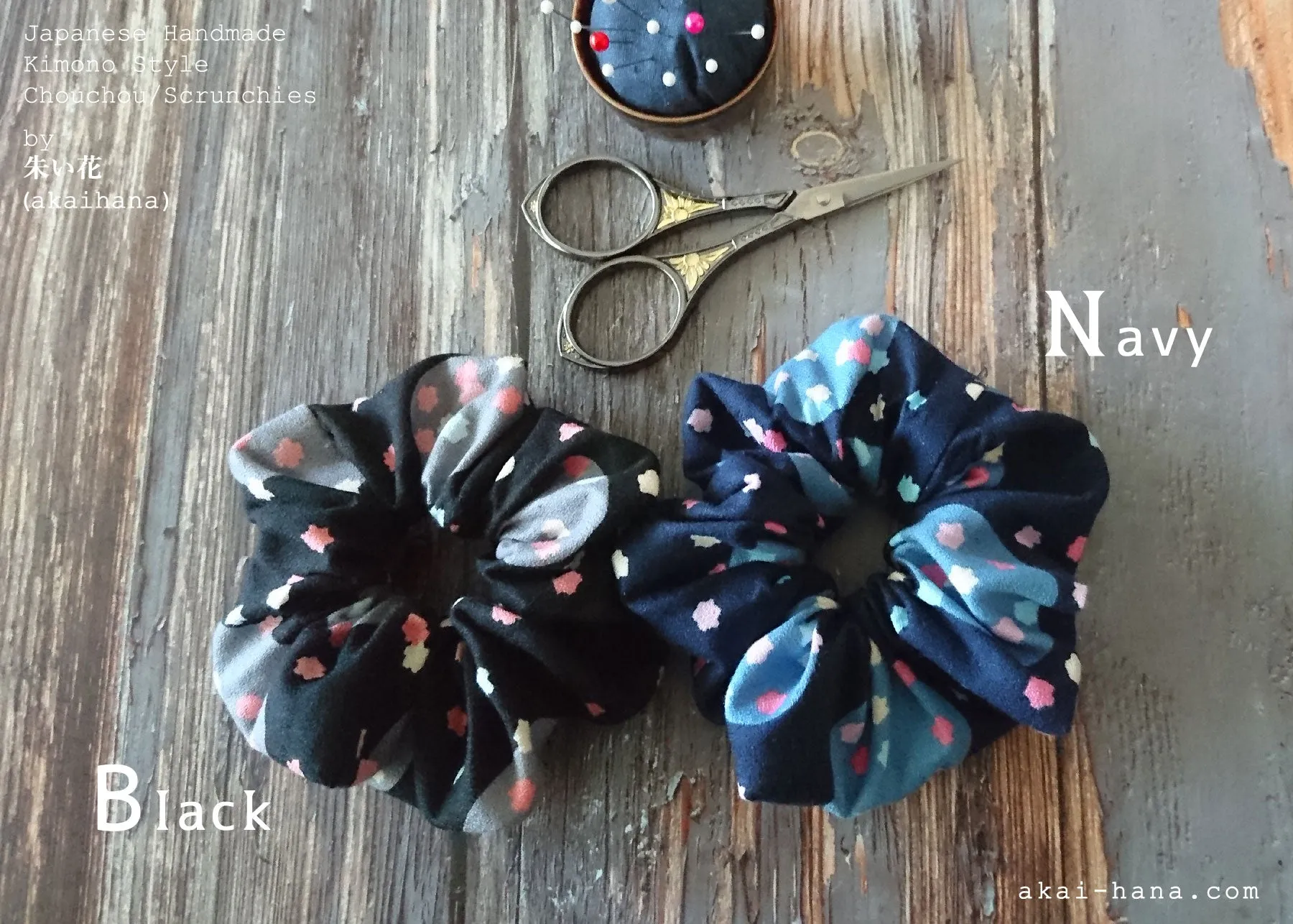 Japanese Handmade Kimono style Scrunchies, Konpeitō (confeito) Navy, scjf0029