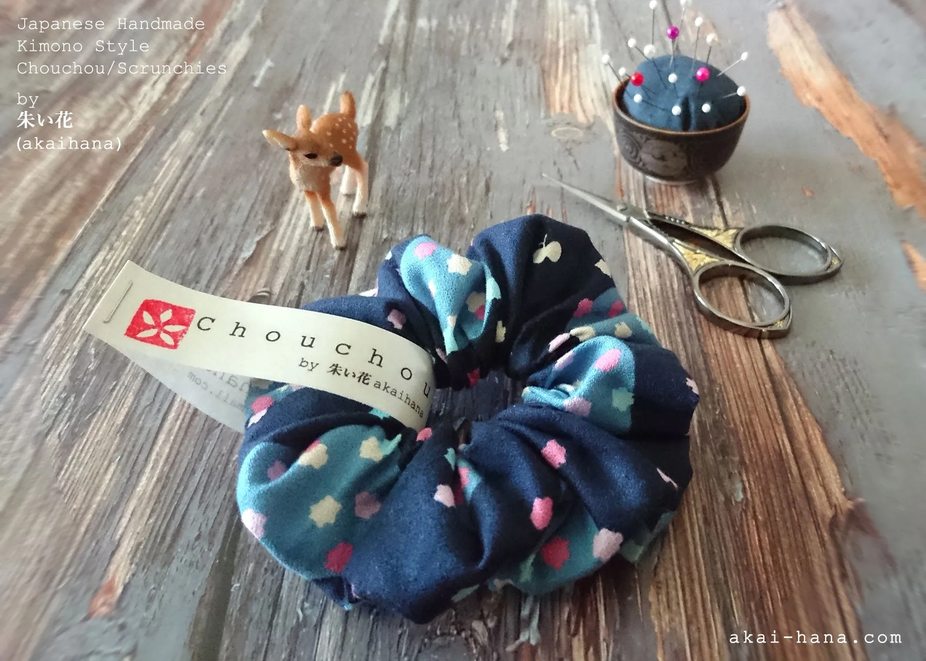 Japanese Handmade Kimono style Scrunchies, Konpeitō (confeito) Navy, scjf0029