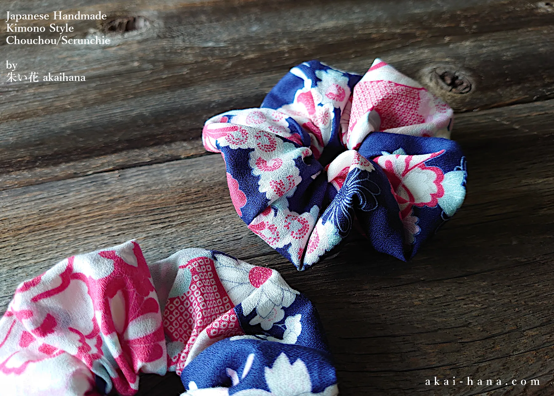 Japanese Handmade Kimono style Scrunchies, Miyabi Navy, 2 sizes, scjf0014