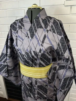 Japanese Traditional Men's YUKATA Full 3pc Set / Size: M-L, Yukata, Obi, Himo String - Gray Striped Yukata Set with Mustard Yellow Obi