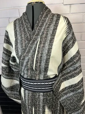 Japanese Traditional Men's YUKATA Full 3pc Set / Size: M-L, Yukata, Obi, Himo String - Varied striped design in dark gray, light gray