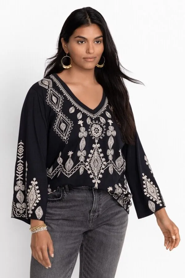 Johnny Was Liona V Neck Kimono Long Sleeve Tee Embroidery Floral Black Shirt New