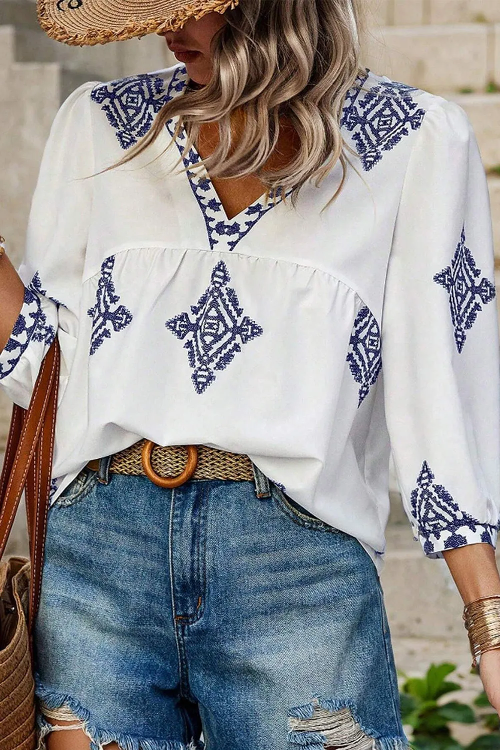 KaleaBoutique Boho Geometric Print Bracelet Sleeve V Neck Blouse