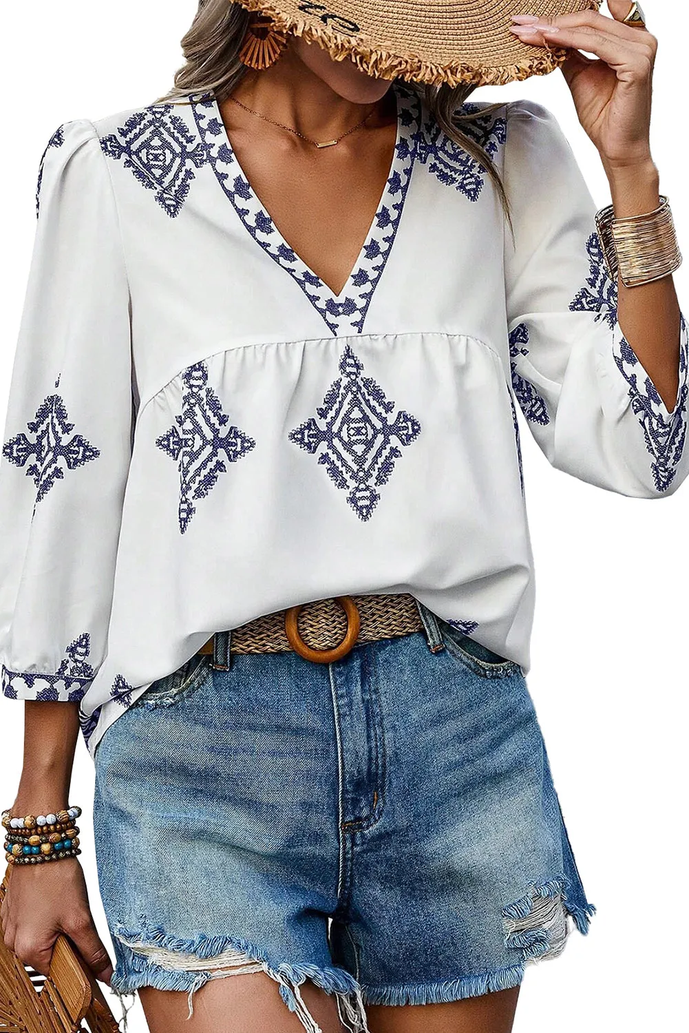 KaleaBoutique Boho Geometric Print Bracelet Sleeve V Neck Blouse