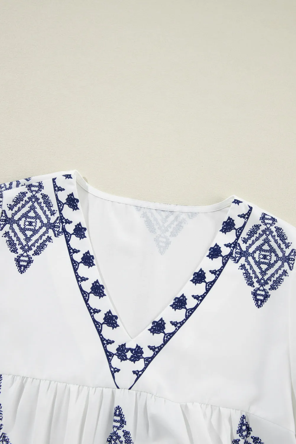 KaleaBoutique Boho Geometric Print Bracelet Sleeve V Neck Blouse