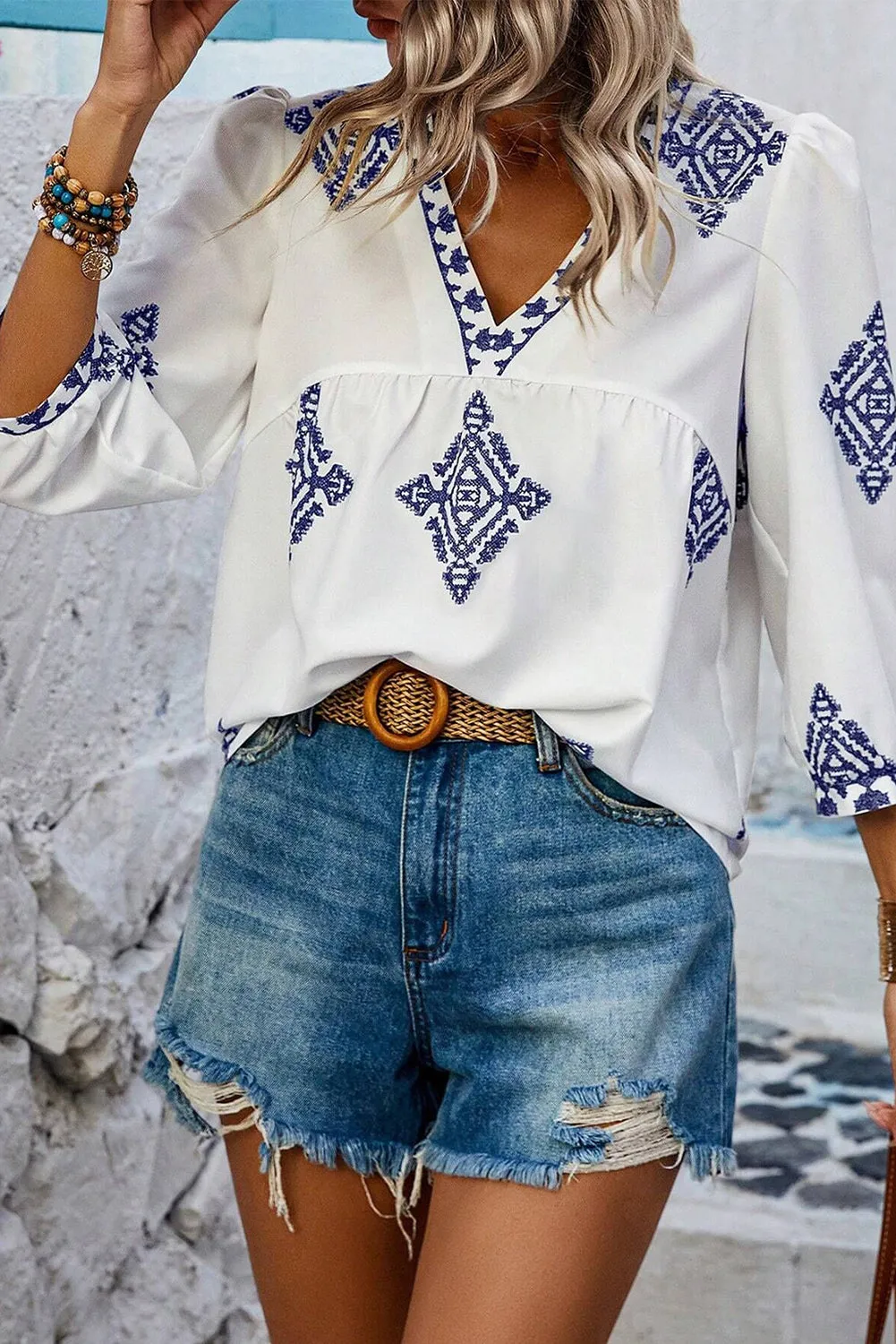 KaleaBoutique Boho Geometric Print Bracelet Sleeve V Neck Blouse