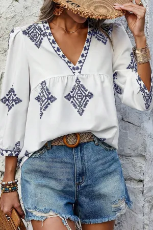 KaleaBoutique Boho Geometric Print Bracelet Sleeve V Neck Blouse