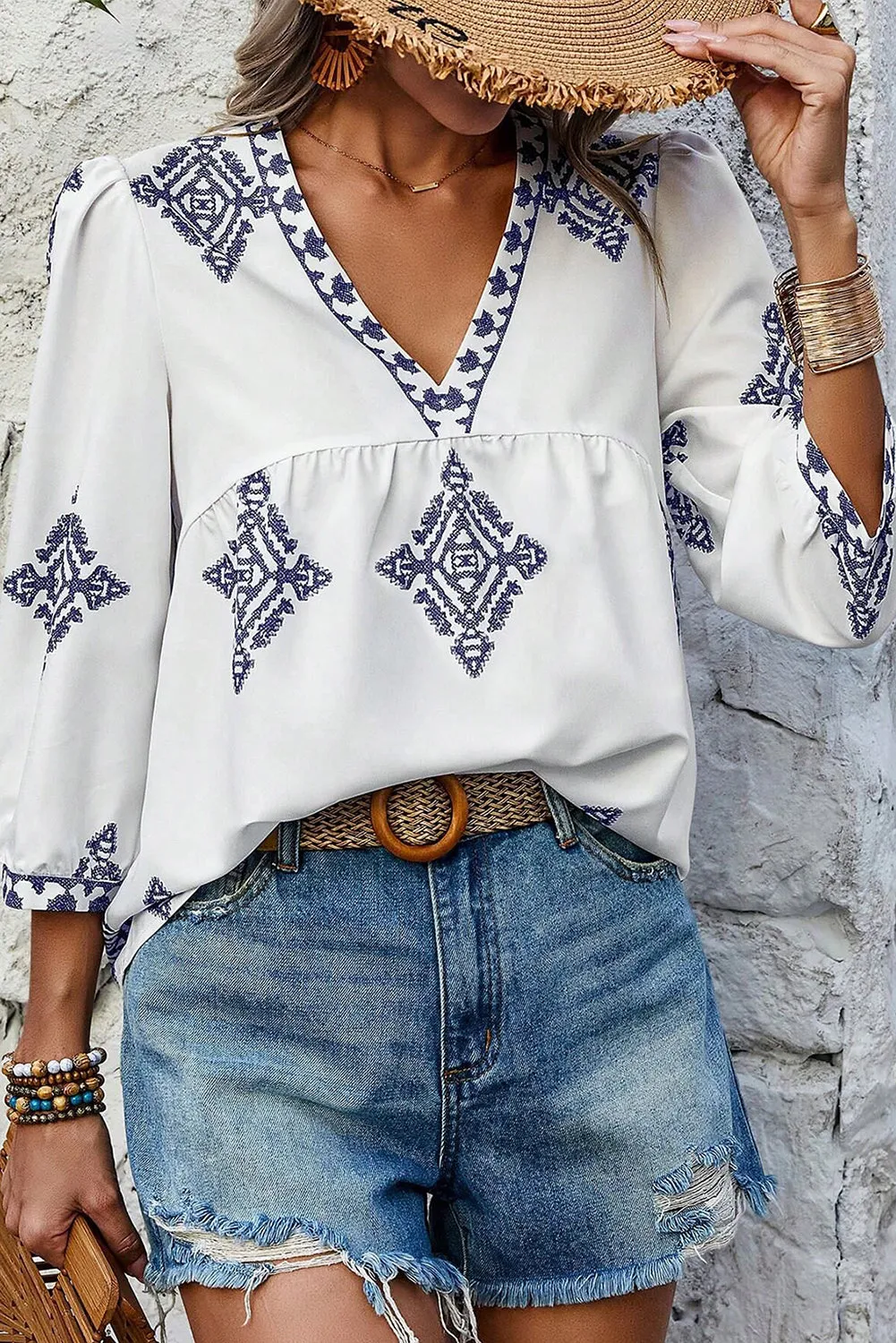 KaleaBoutique Boho Geometric Print Bracelet Sleeve V Neck Blouse