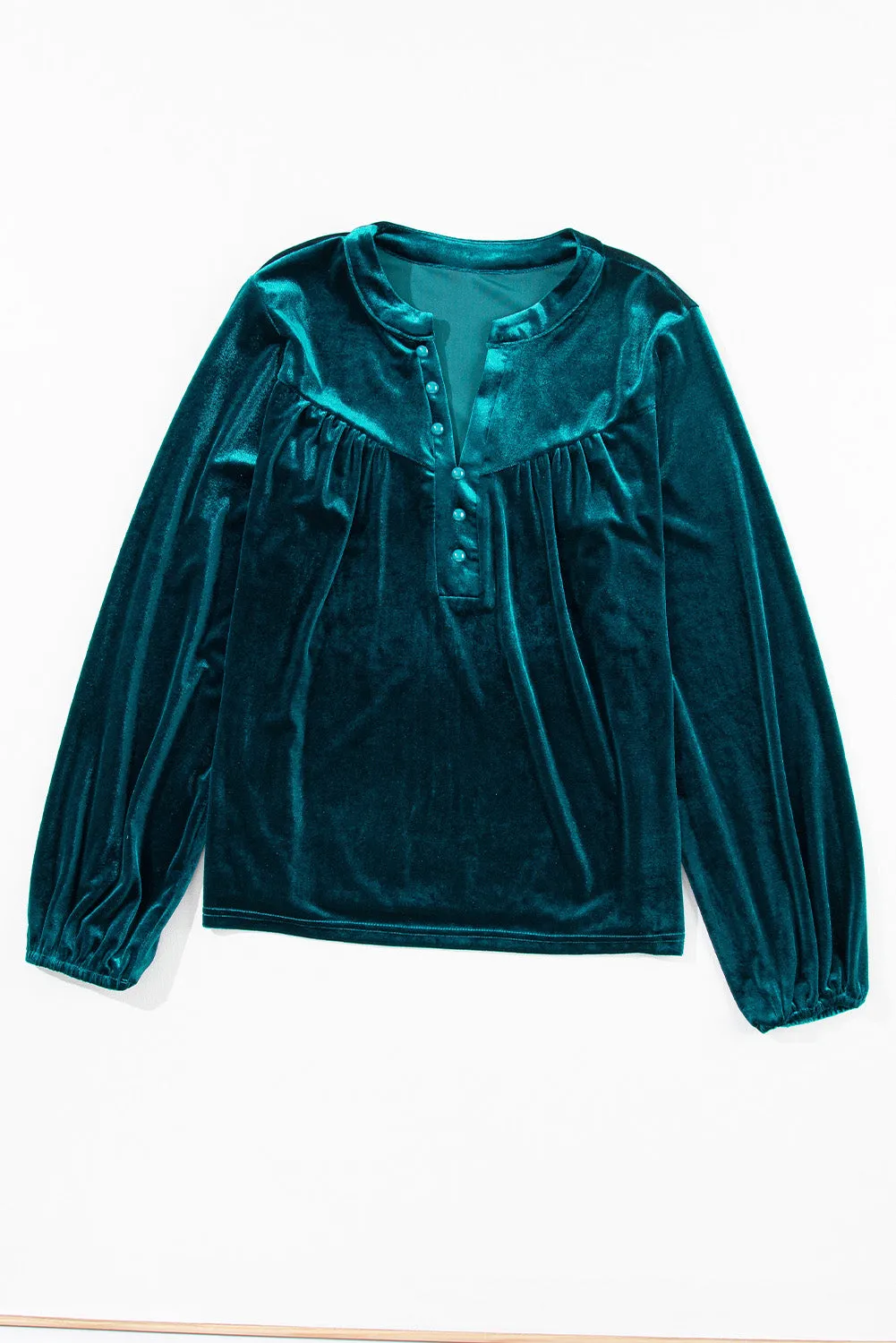 KaleaBoutique Lantern Sleeve Beaded Split V Neck Velvet Top