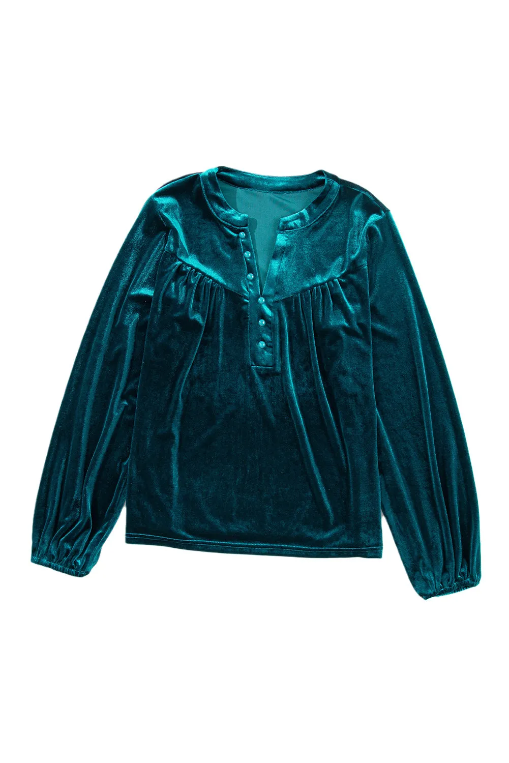 KaleaBoutique Lantern Sleeve Beaded Split V Neck Velvet Top