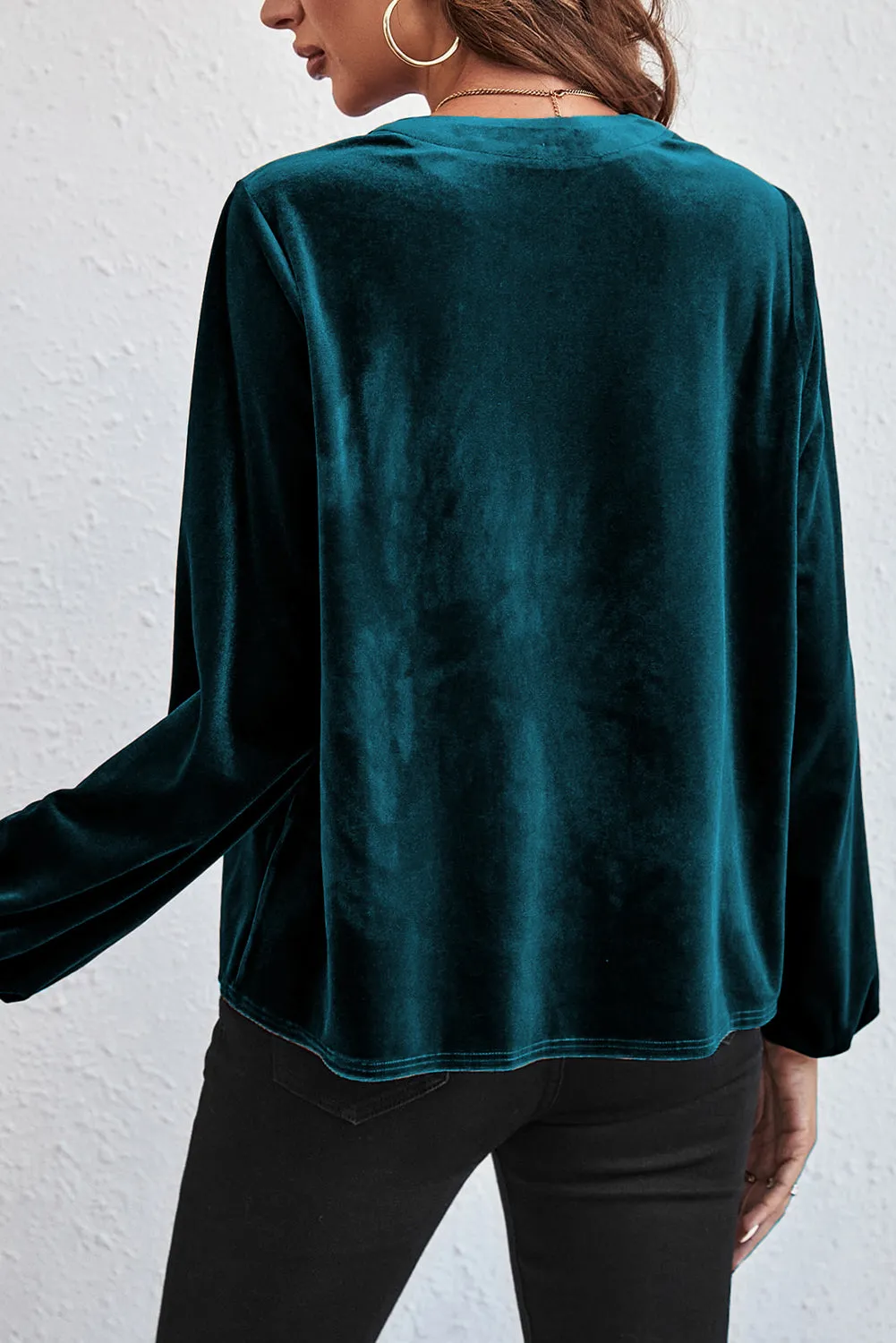 KaleaBoutique Lantern Sleeve Beaded Split V Neck Velvet Top