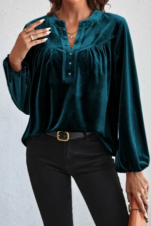 KaleaBoutique Lantern Sleeve Beaded Split V Neck Velvet Top