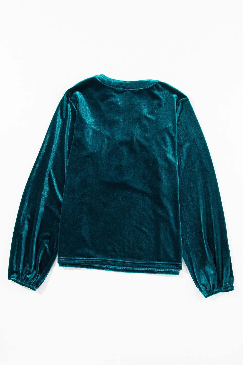 KaleaBoutique Lantern Sleeve Beaded Split V Neck Velvet Top