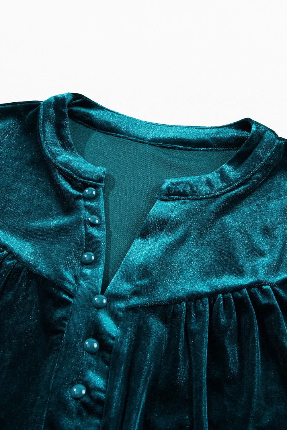 KaleaBoutique Lantern Sleeve Beaded Split V Neck Velvet Top