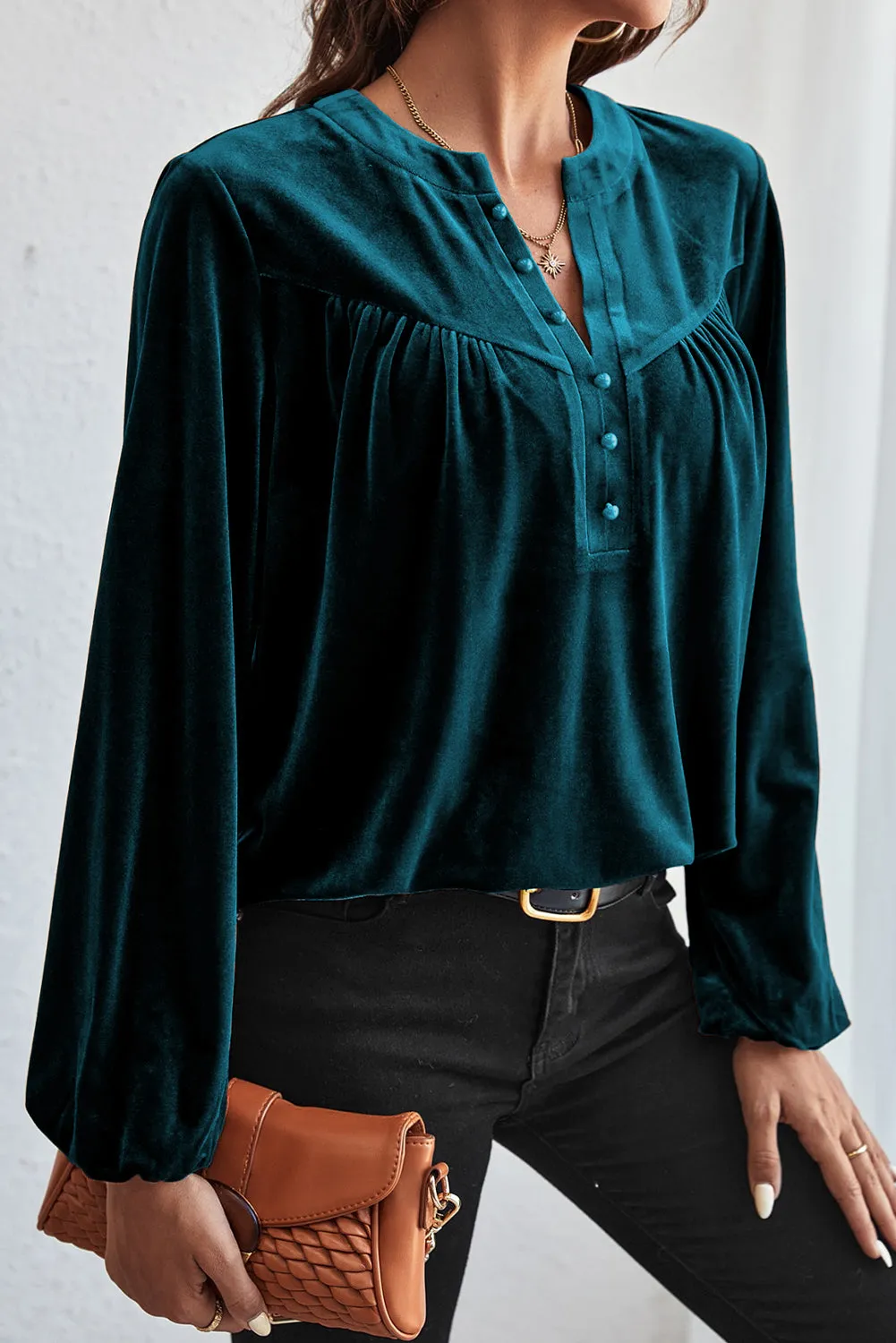 KaleaBoutique Lantern Sleeve Beaded Split V Neck Velvet Top