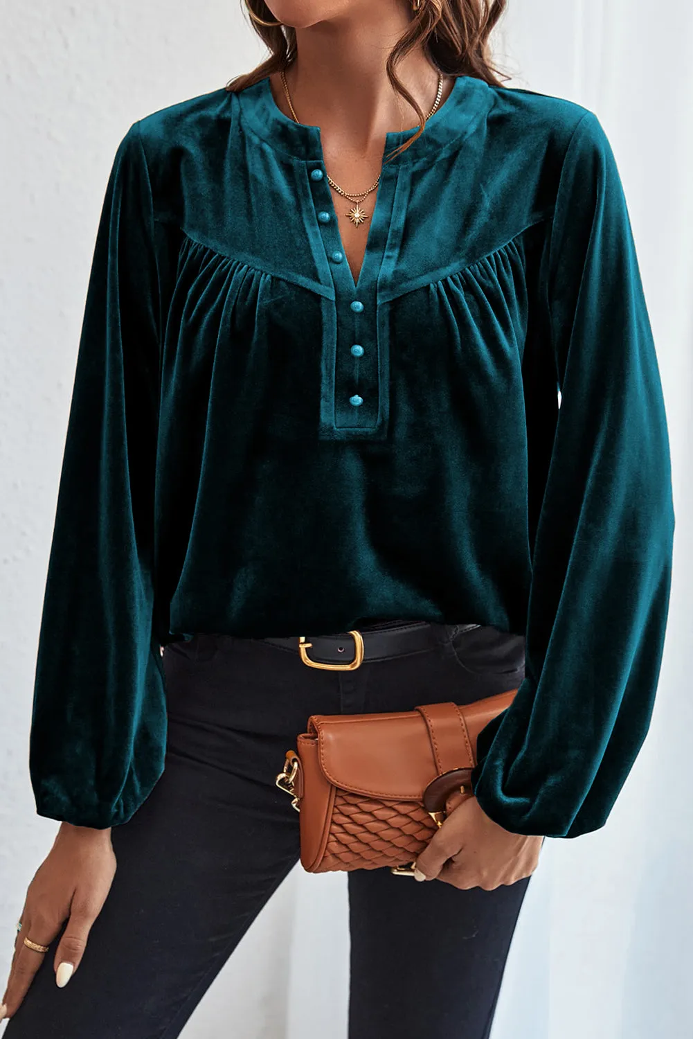 KaleaBoutique Lantern Sleeve Beaded Split V Neck Velvet Top