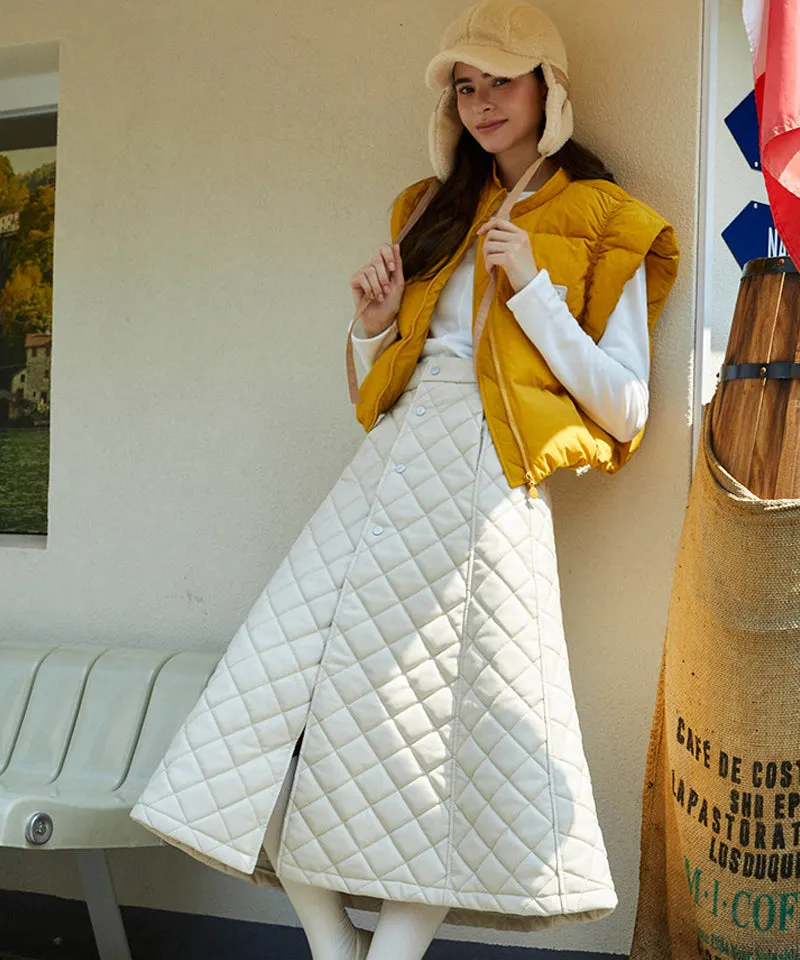 KANDINI Eco-leather Quilting Padded Long(Wrap) Skirt - Cream