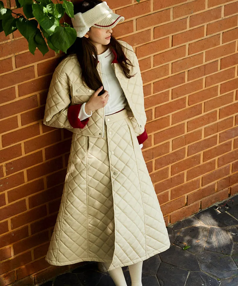KANDINI Eco-leather Quilting Padded Long(Wrap) Skirt - Cream