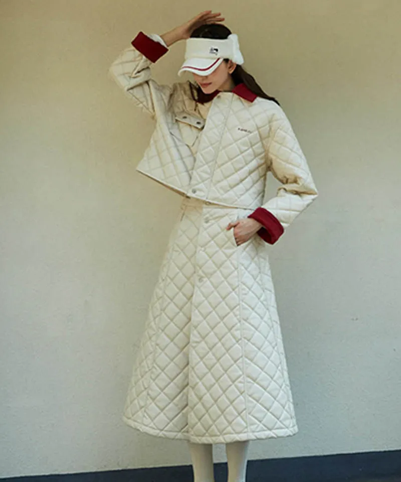 KANDINI Eco-leather Quilting Padded Long(Wrap) Skirt - Cream