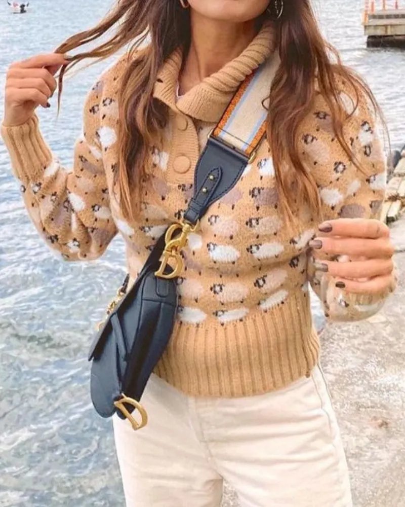 Knit Single-breasted High-collared Floral Sweater