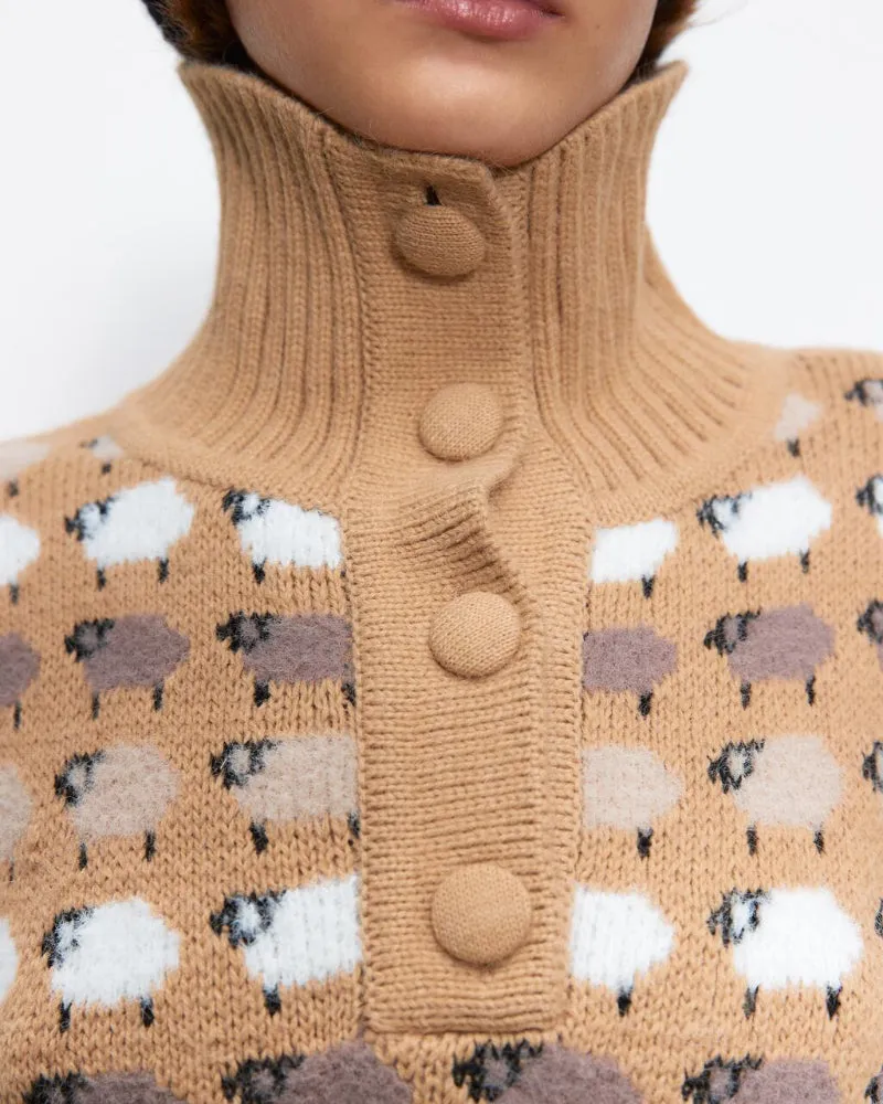 Knit Single-breasted High-collared Floral Sweater