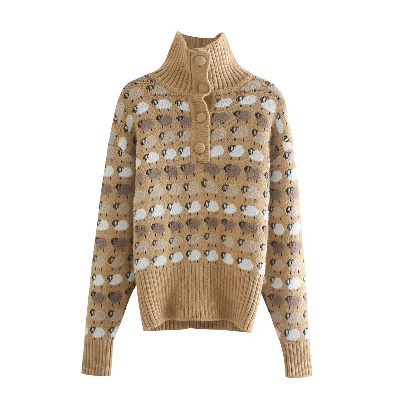Knit Single-breasted High-collared Floral Sweater