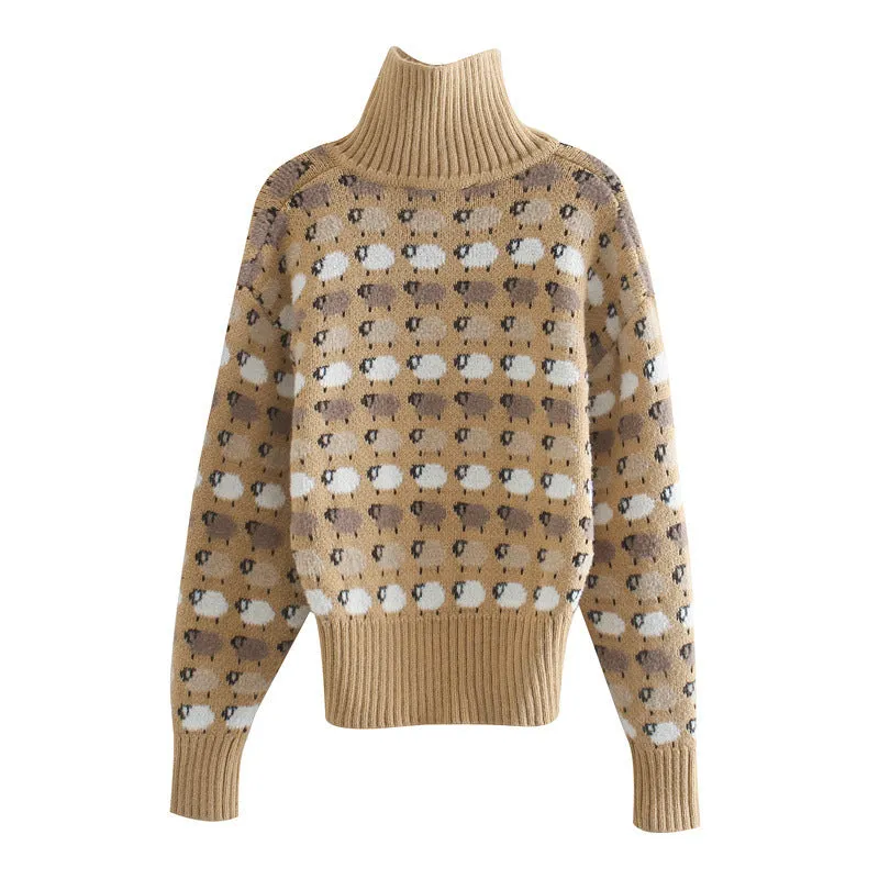 Knit Single-breasted High-collared Floral Sweater