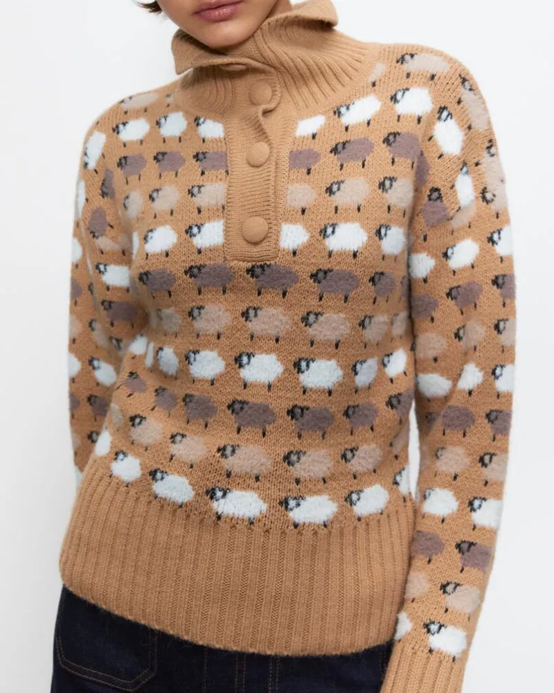 Knit Single-breasted High-collared Floral Sweater