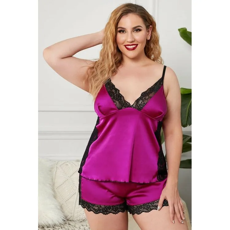 Lace Splicing Satin Plus Size Pajamas Set