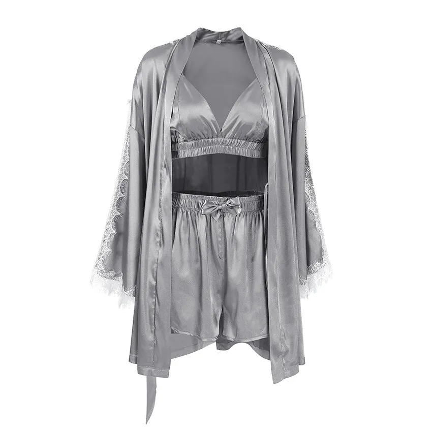 Lace Stitching Cutout Shorts Satin Three Piece Pajamas Set