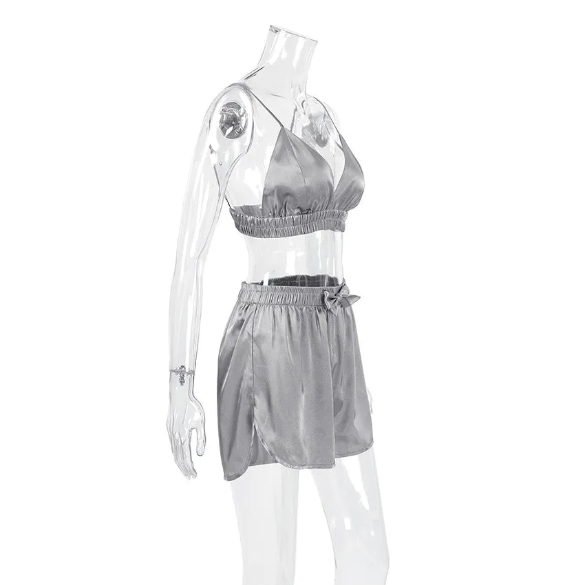 Lace Stitching Cutout Shorts Satin Three Piece Pajamas Set