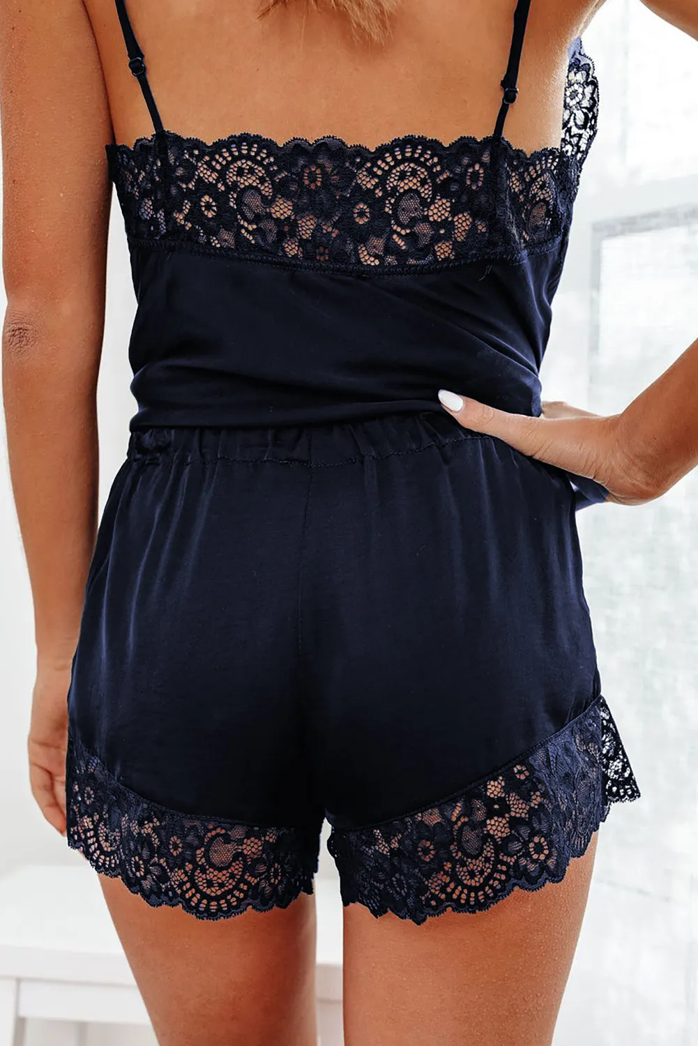 Lace Trim Tank Top and Shorts Pajamas Set