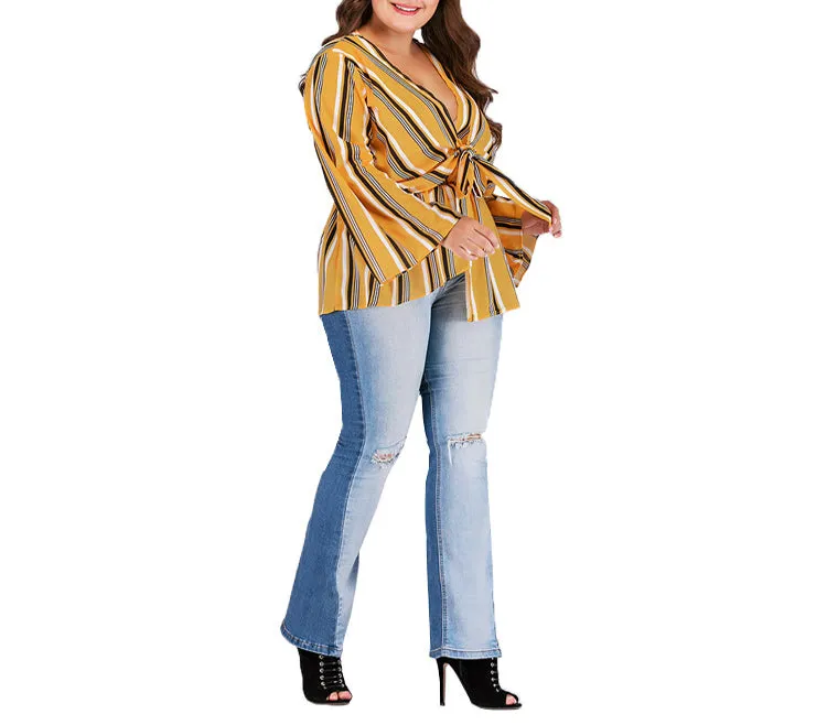 Large Size V-neck Long-sleeved Striped Top