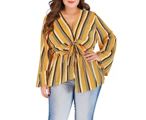 Large Size V-neck Long-sleeved Striped Top