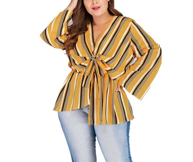 Large Size V-neck Long-sleeved Striped Top
