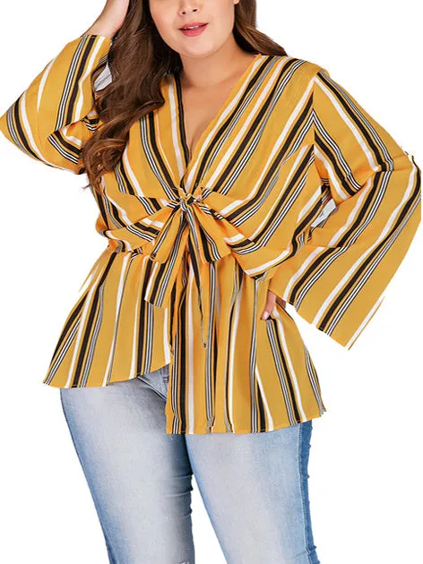 Large Size V-neck Long-sleeved Striped Top