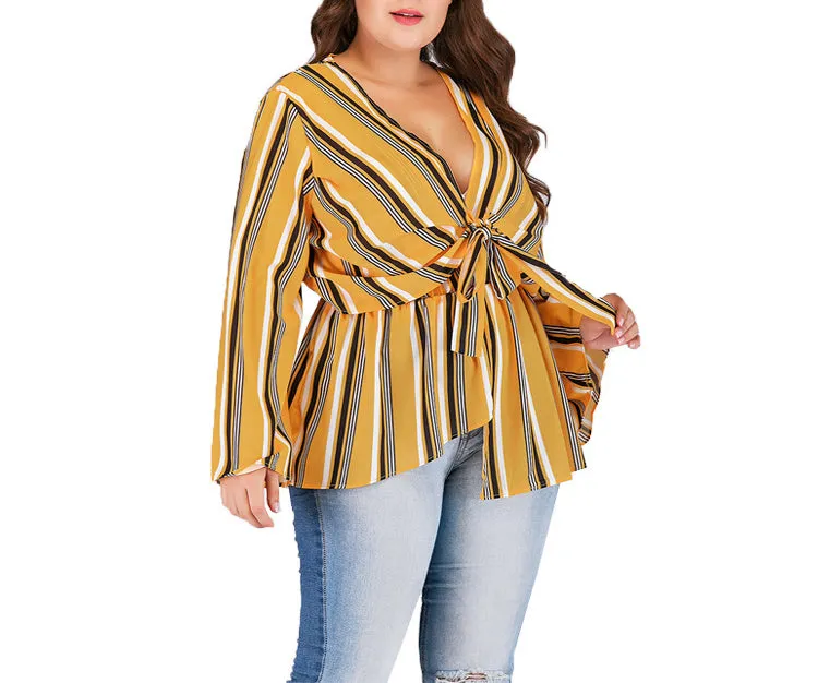 Large Size V-neck Long-sleeved Striped Top