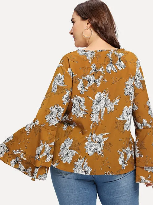 Large Size Women's Print V-neck Fat Sister Double Bell Sleeves Loose Shirt