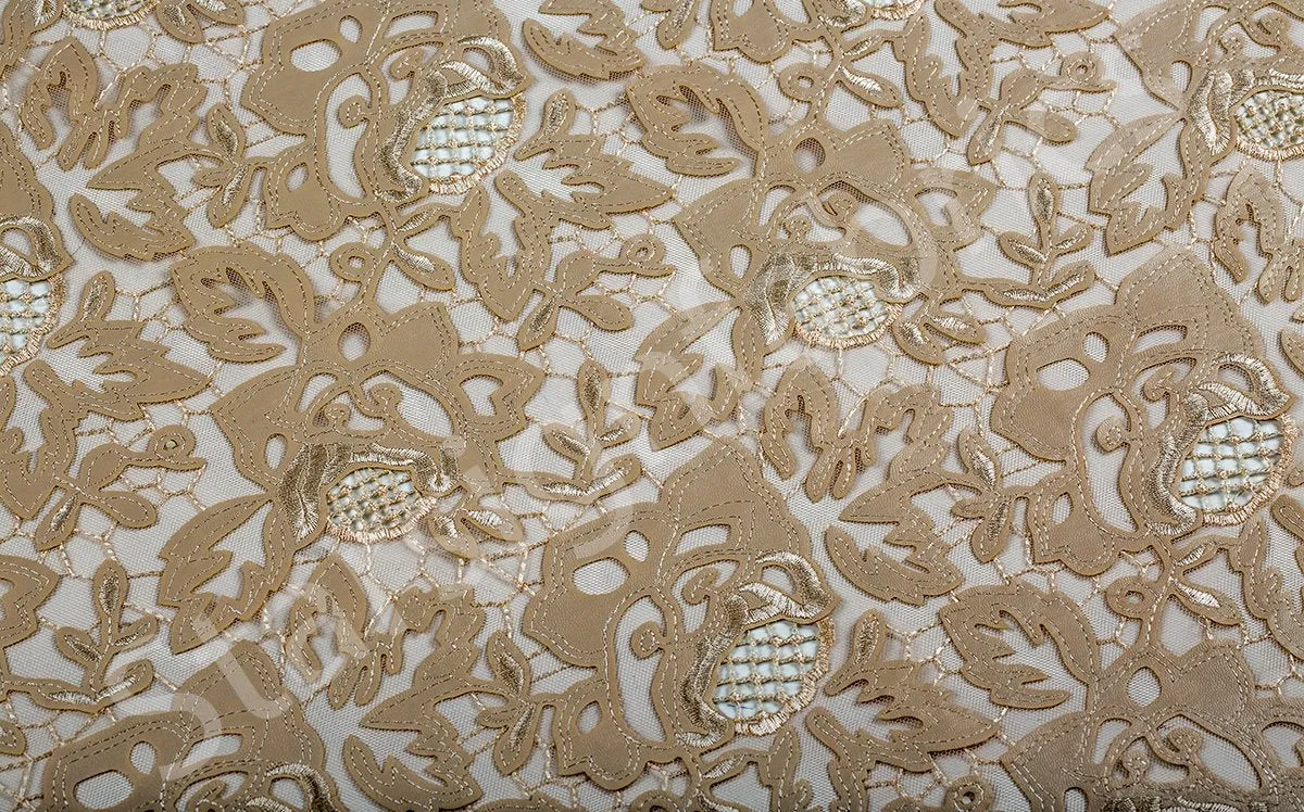Laser Cut Rose Embroidered Faux Leather Tulle Fabric
