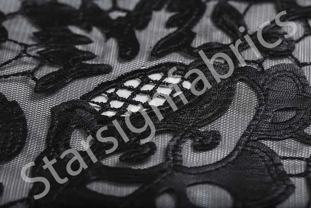 Laser Cut Rose Embroidered Faux Leather Tulle Fabric