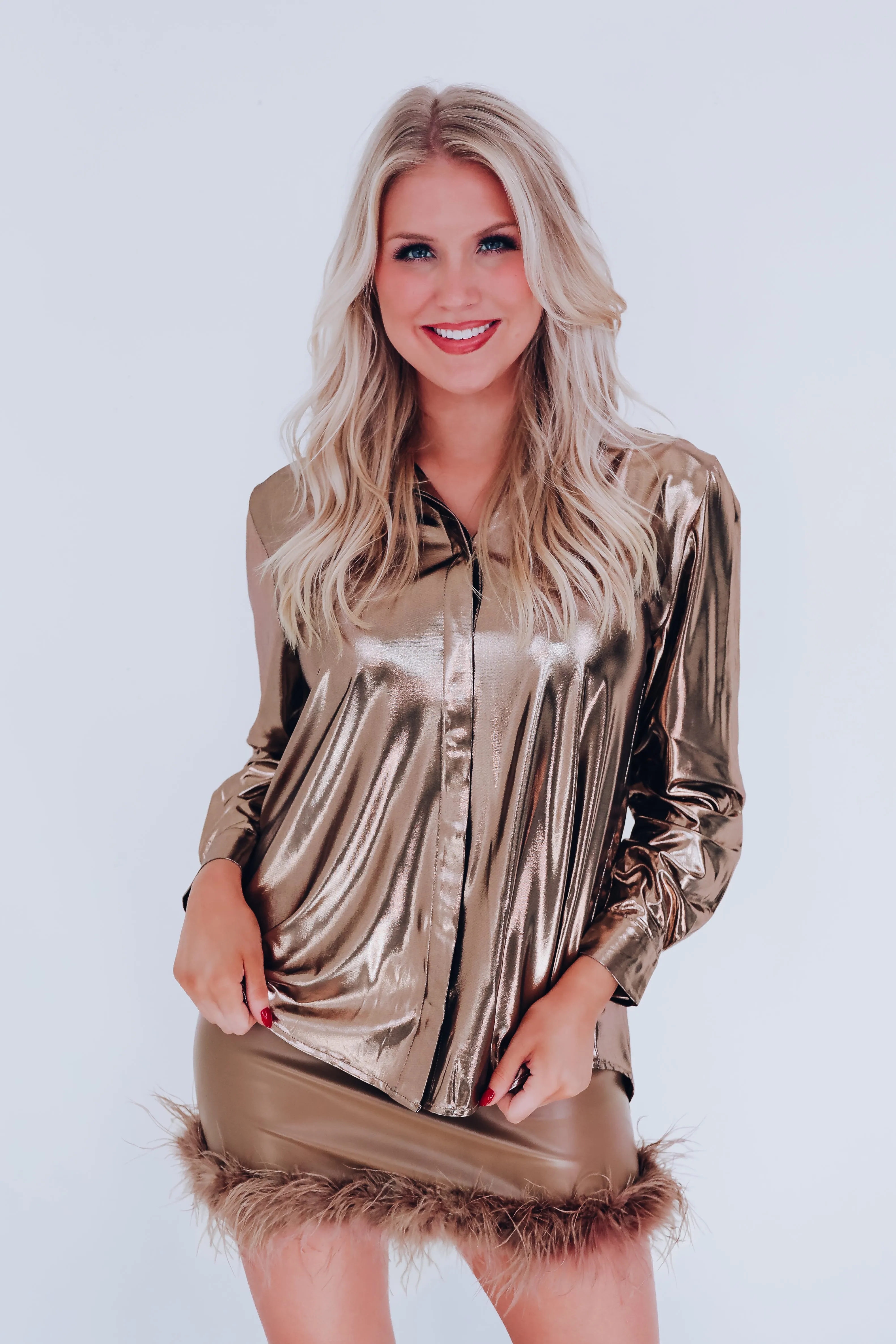Lauren Lame Hidden Button Blouse - Bronze