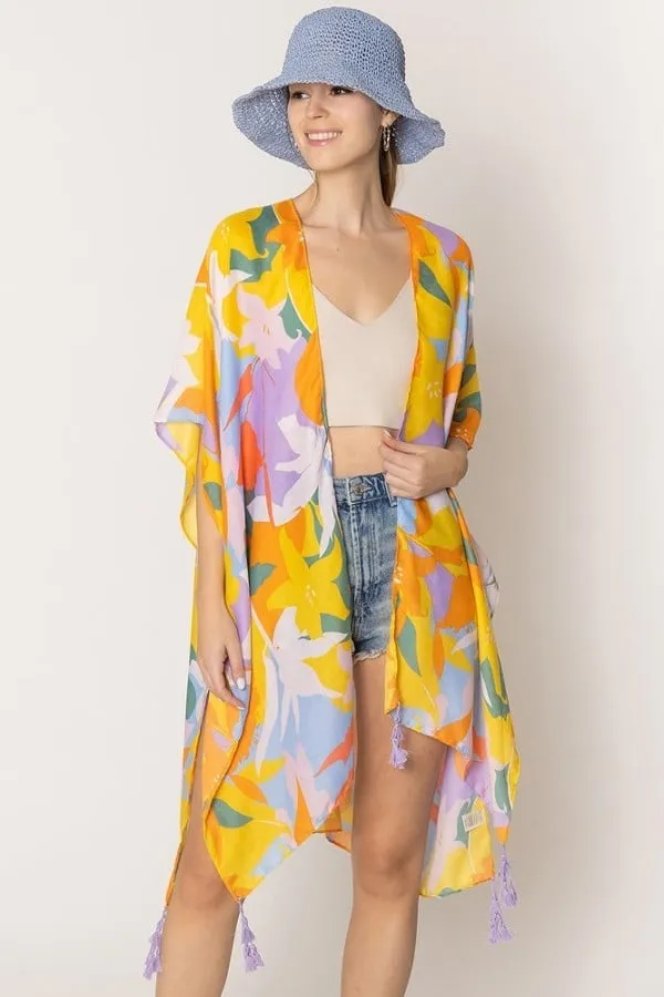 Lavender Floral Print Tassel Kimono