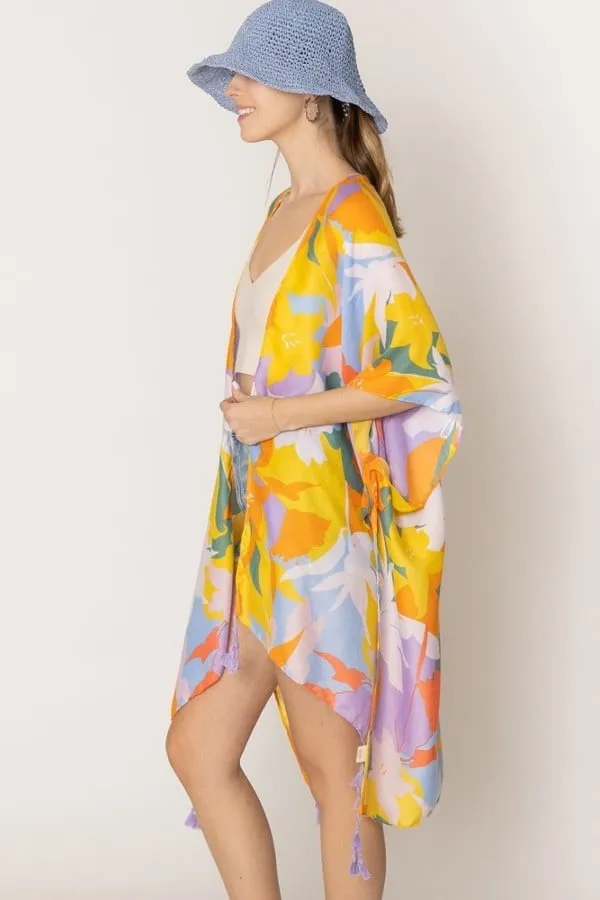 Lavender Floral Print Tassel Kimono