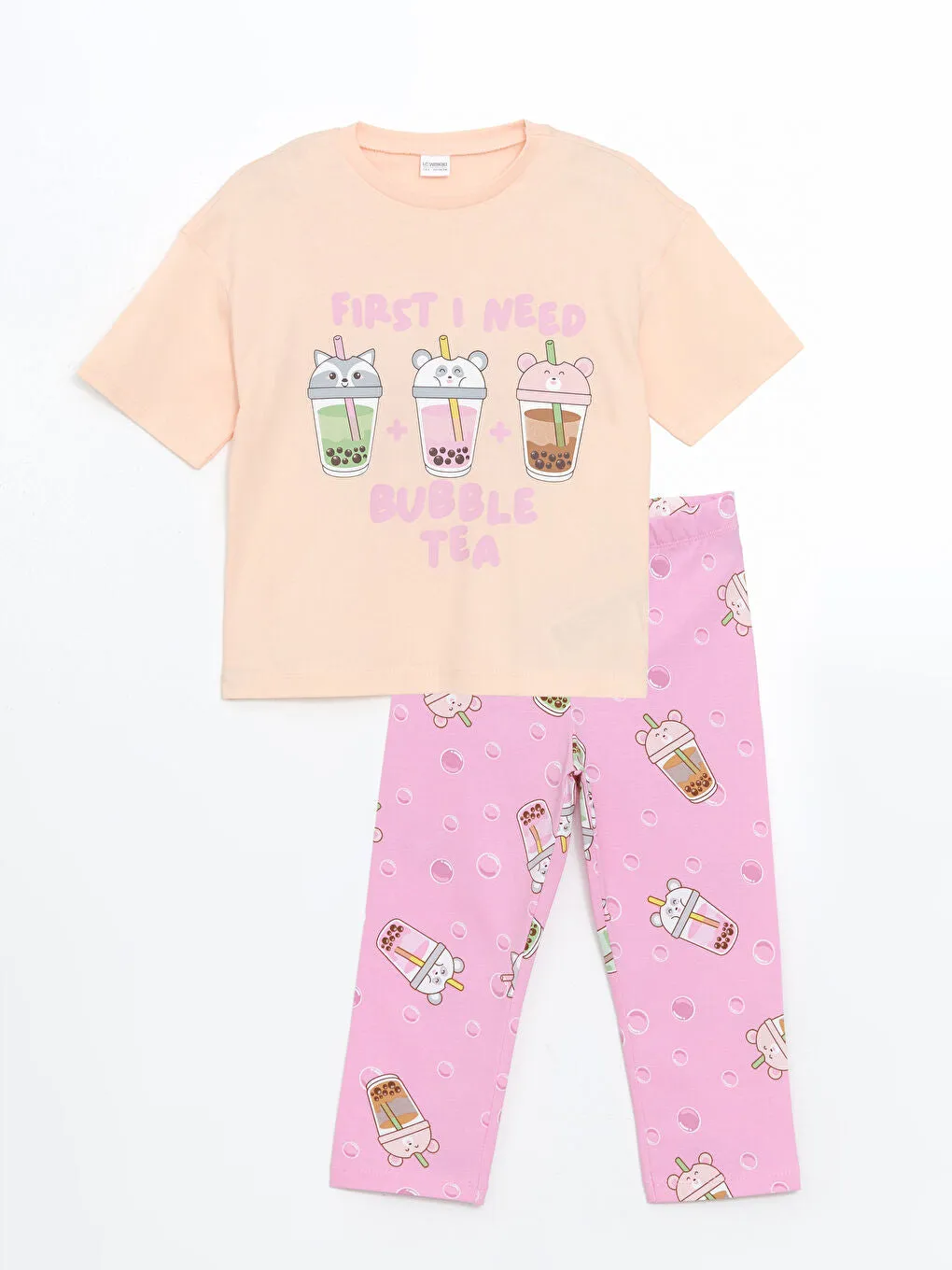 LCW Kids Pink Crew Neck Girls T-Shirt and Leggings