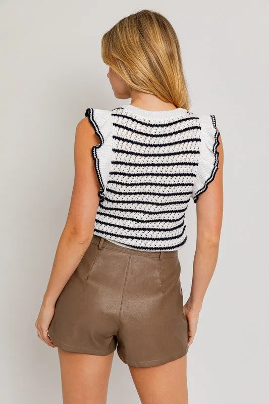LE LIS Round Neck Ruffle Sleeve Stripe Knit Top