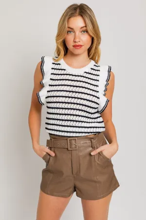 LE LIS Round Neck Ruffle Sleeve Stripe Knit Top
