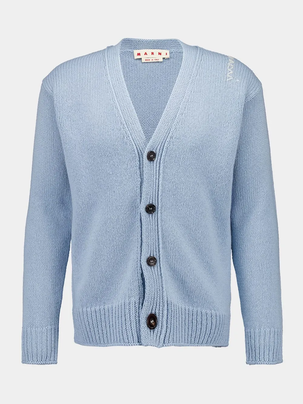 Leaden Blue V-Neck Buttoned Virgin Wool Cardigan