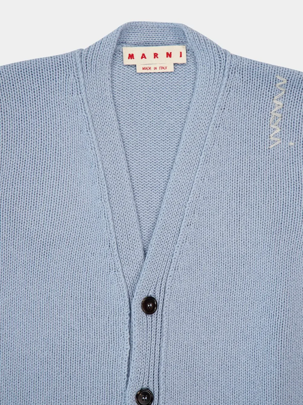 Leaden Blue V-Neck Buttoned Virgin Wool Cardigan