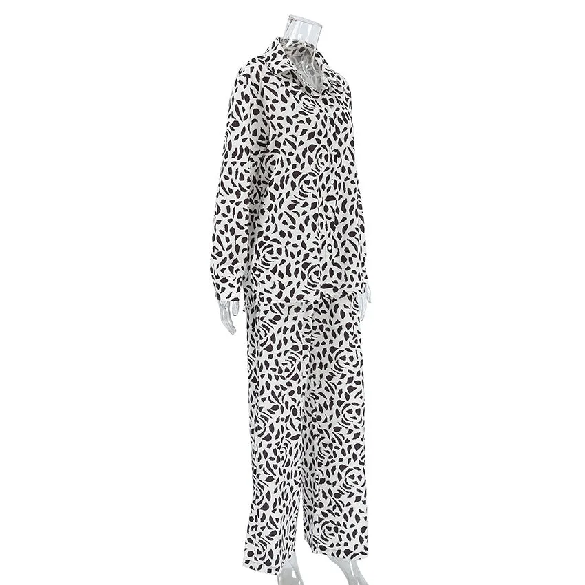 Leopard Print Loose Ice Silk Long Sleeve Pajamas Two Piece Set